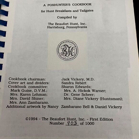 Vtg Cookbook A Foxhunter's Cookbook The Beaufort Hunt PA 1994 1st Edition - Picture 2 of 6